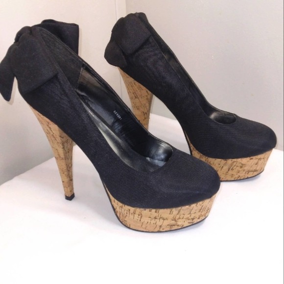 NWT Charlotte Russe 'Paloma' Black and Cork Platform Heels with bow Size 8 - Picture 10 of 12